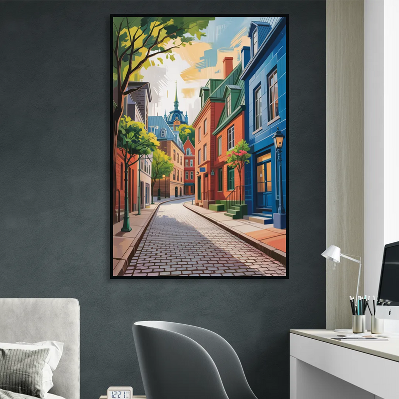 Quebec City Cobblestone Road Sitting Room - Black Canvas Wall Art