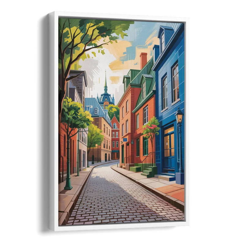 Quebec City Cobblestone Road Side - White Canvas Wall Art
