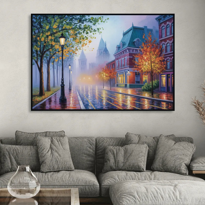 Quebec City Foggy Morning Living Room - Black Canvas Wall Art