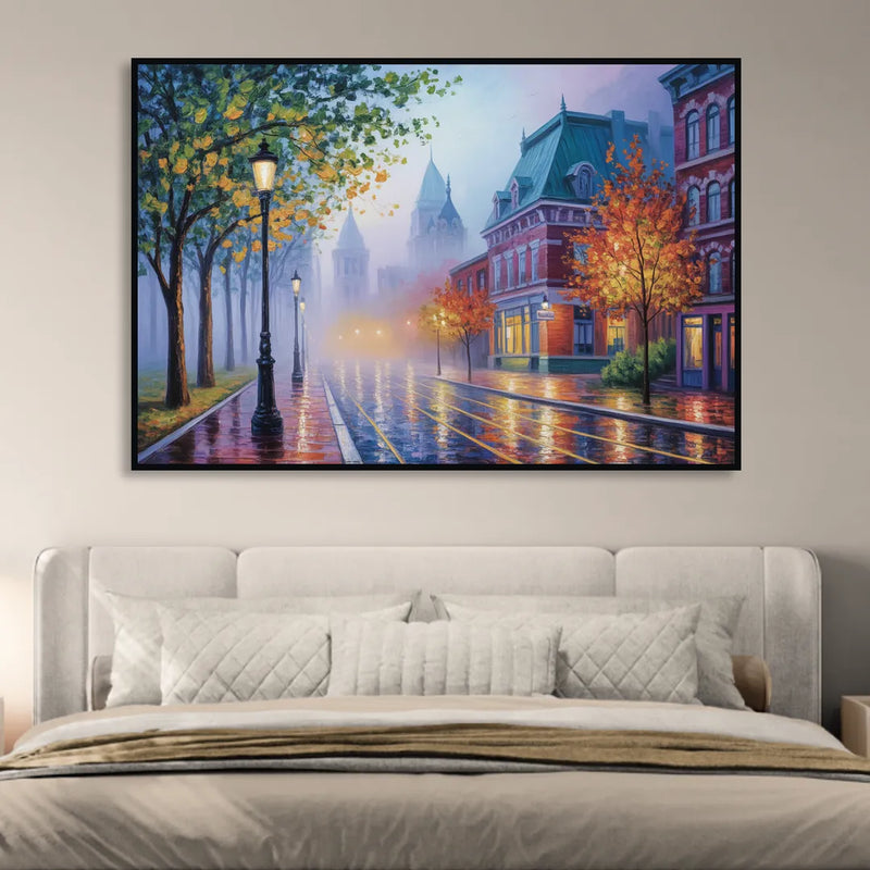 Quebec City Foggy Morning Sitting Room - Black Canvas Wall Art