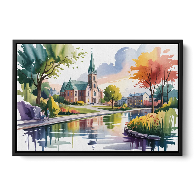 Quebec City Historic Churches Front - Black Canvas Wall Art