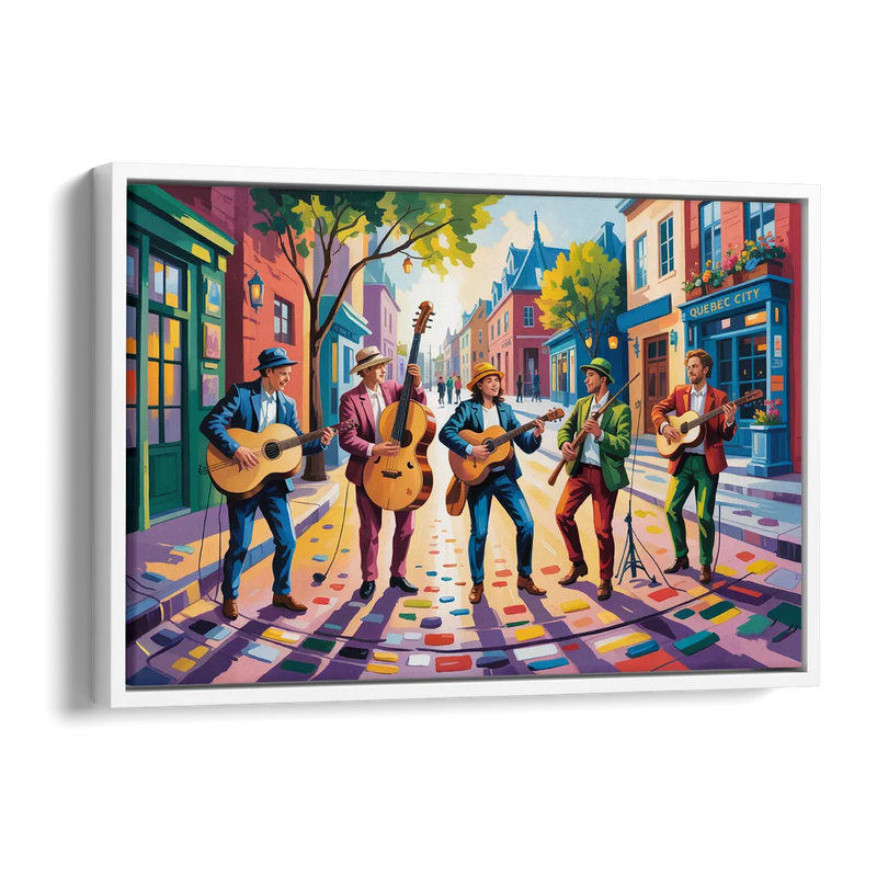 Quebec City Street Musicians Side - White Canvas Wall Art