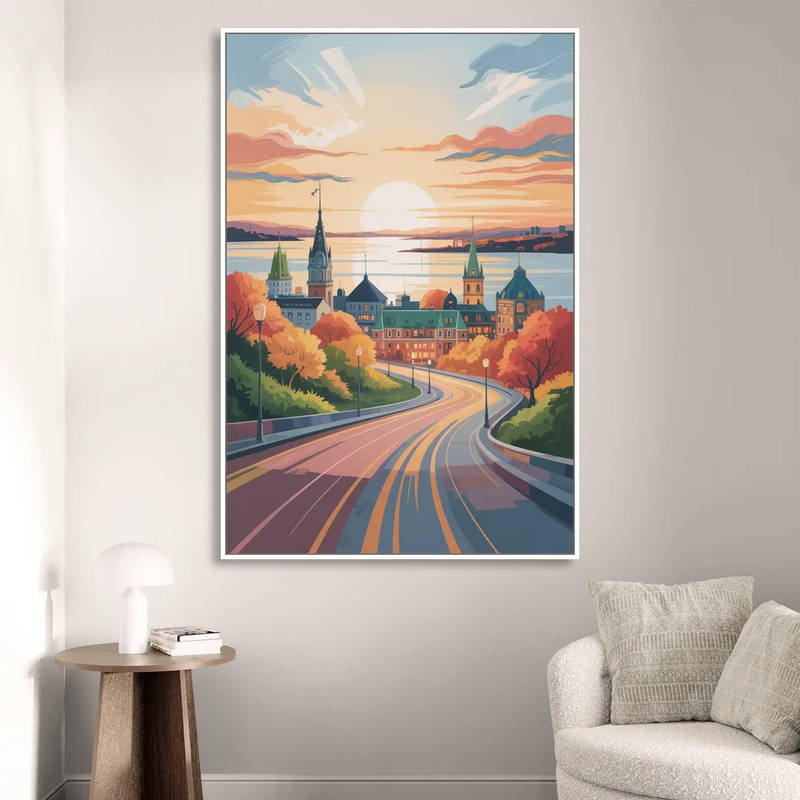 Quebec City Sunrise Living Room - White Canvas Wall Art