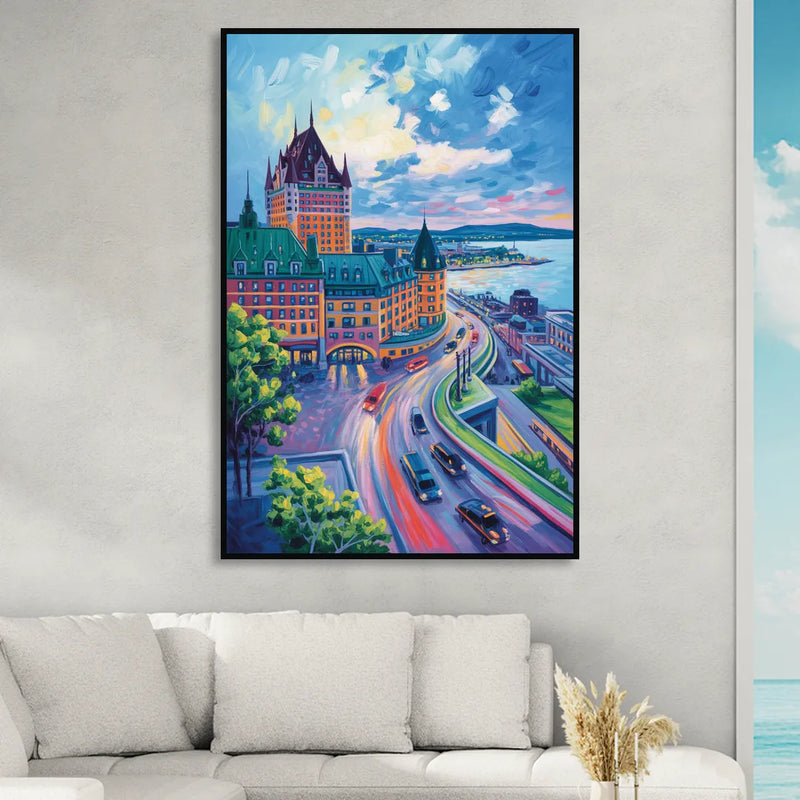 Quebec City Tower View Living Room - Black Canvas Wall Art