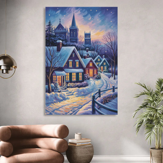 Quebec Snowy Village Scene Living Room - Canvas Wall Art