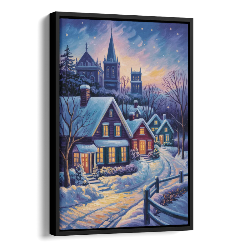 Quebec Snowy Village Scene Side - Black Canvas Wall Art