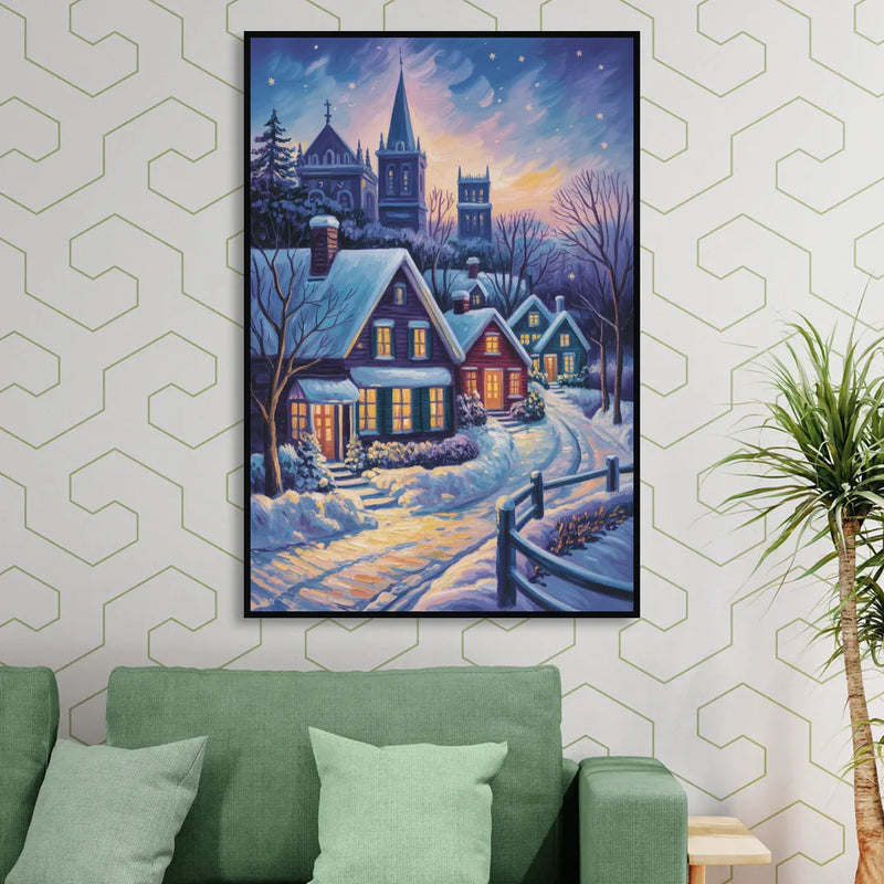 Quebec Snowy Village Scene Living Room - Black Canvas Wall Art