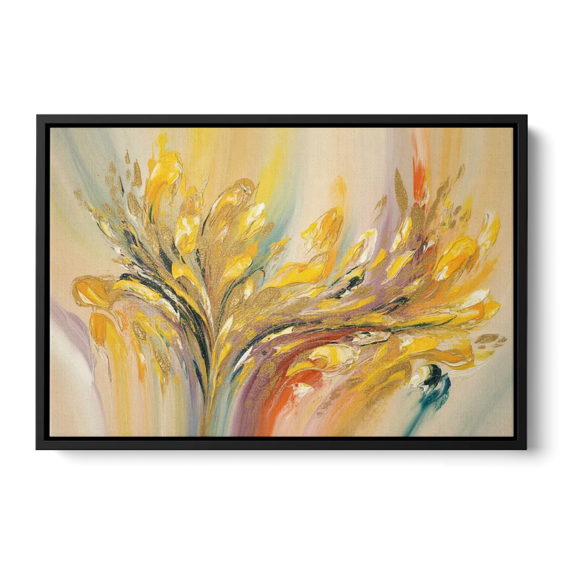 Radiant Flowing Forms Yellow Abstract Front - Black Canvas Wall Art