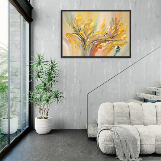 Radiant Flowing Forms Yellow Abstract - Living Room Black Frame Canvas