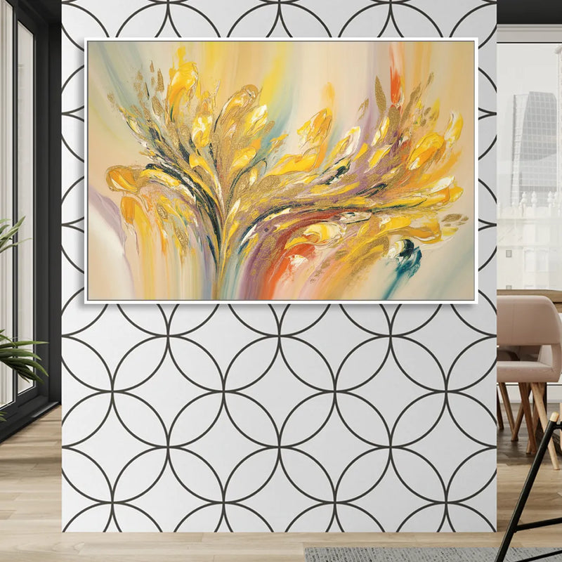 Radiant Flowing Forms Yellow Abstract Sitting Room - White Canvas Wall Art