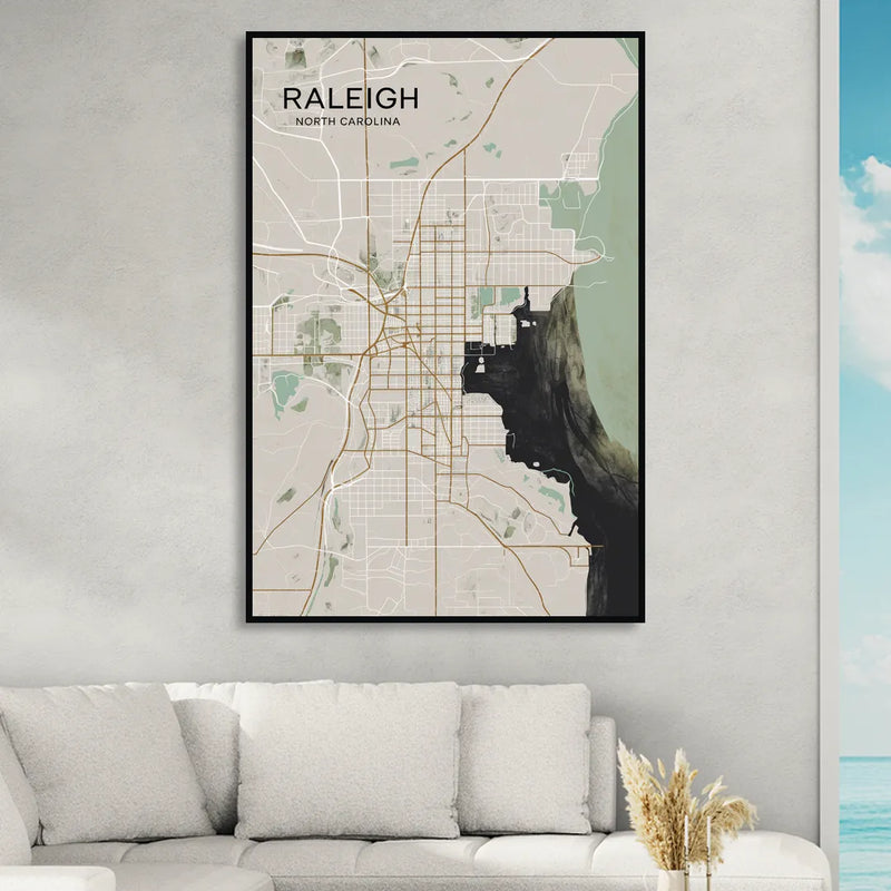 Raleigh City Map Design Sitting Room - Black Canvas Wall Art