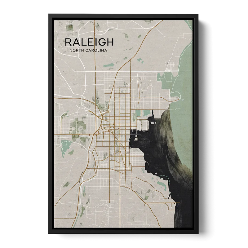 Raleigh City Map Design Front - Black Canvas Wall Art