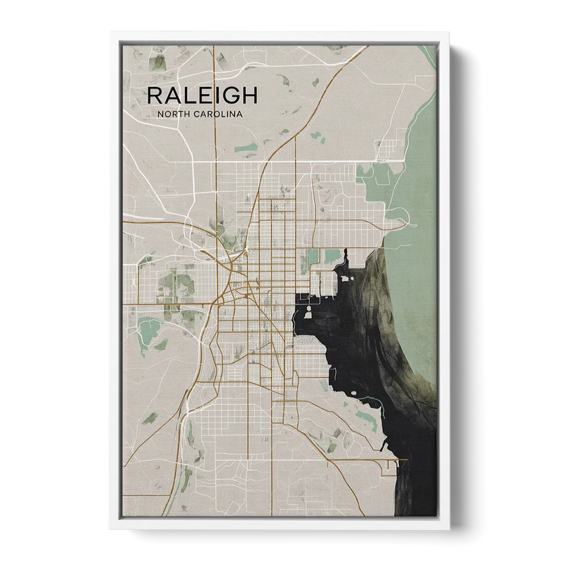 Raleigh City Map Design Front - White Canvas Wall Art