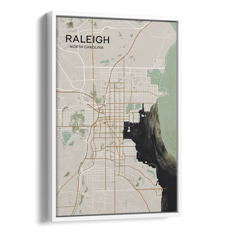 Raleigh City Map Design Side - White Canvas Wall Art