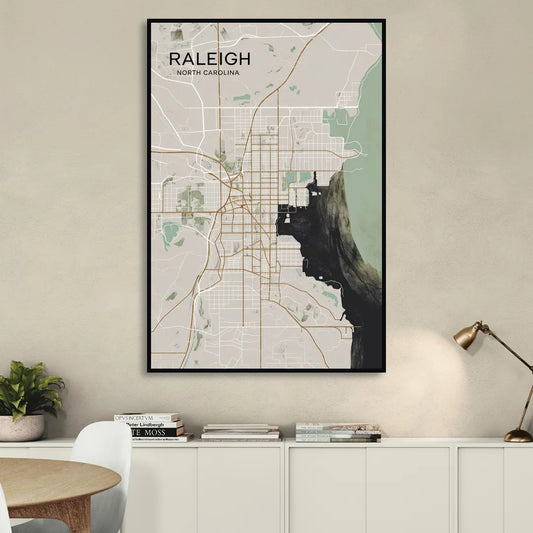Raleigh City Map Design Living Room - Black Canvas Wall Art