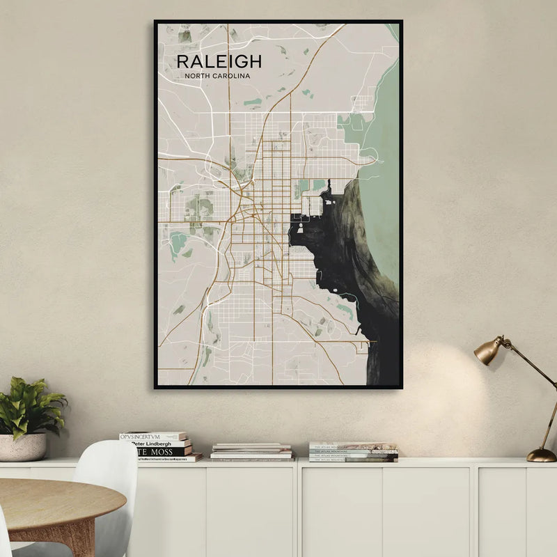 Raleigh City Map Design Living Room - Black Canvas Wall Art