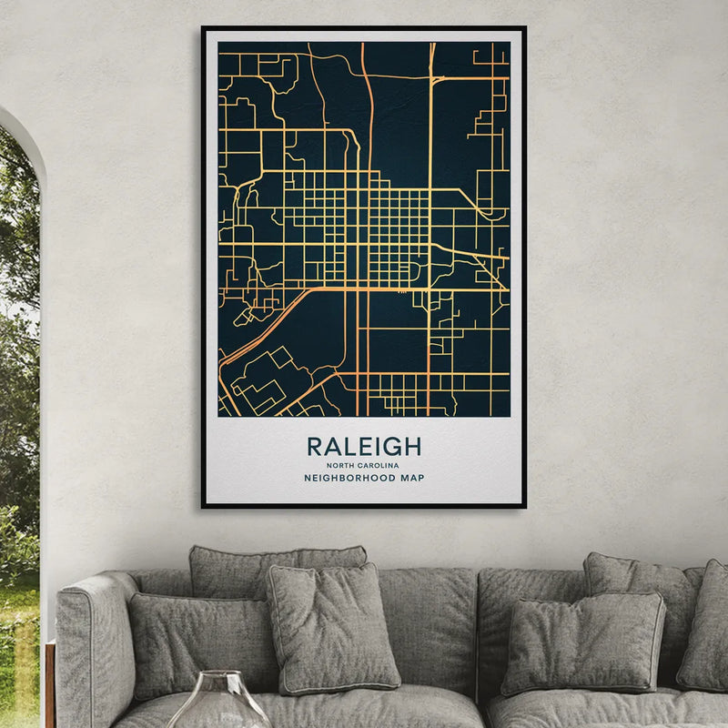 Raleigh Neighborhood Map Sitting Room - Black Canvas Wall Art