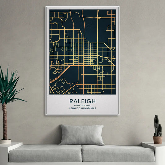 Raleigh Neighborhood Map Living Room - White Canvas Wall Art