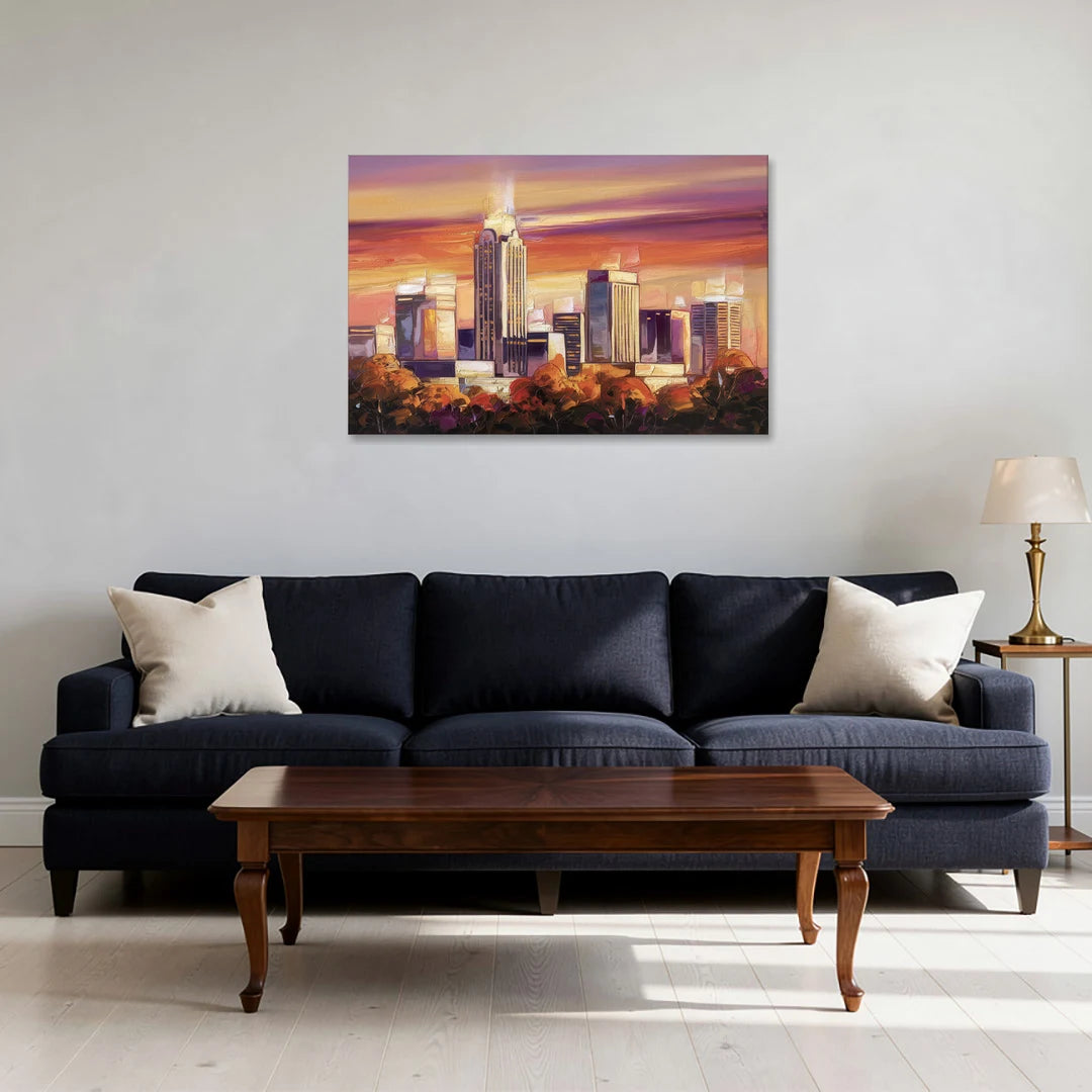 Raleigh Skyline Sunset - Canvas Wall Art - Sofa - 36x24