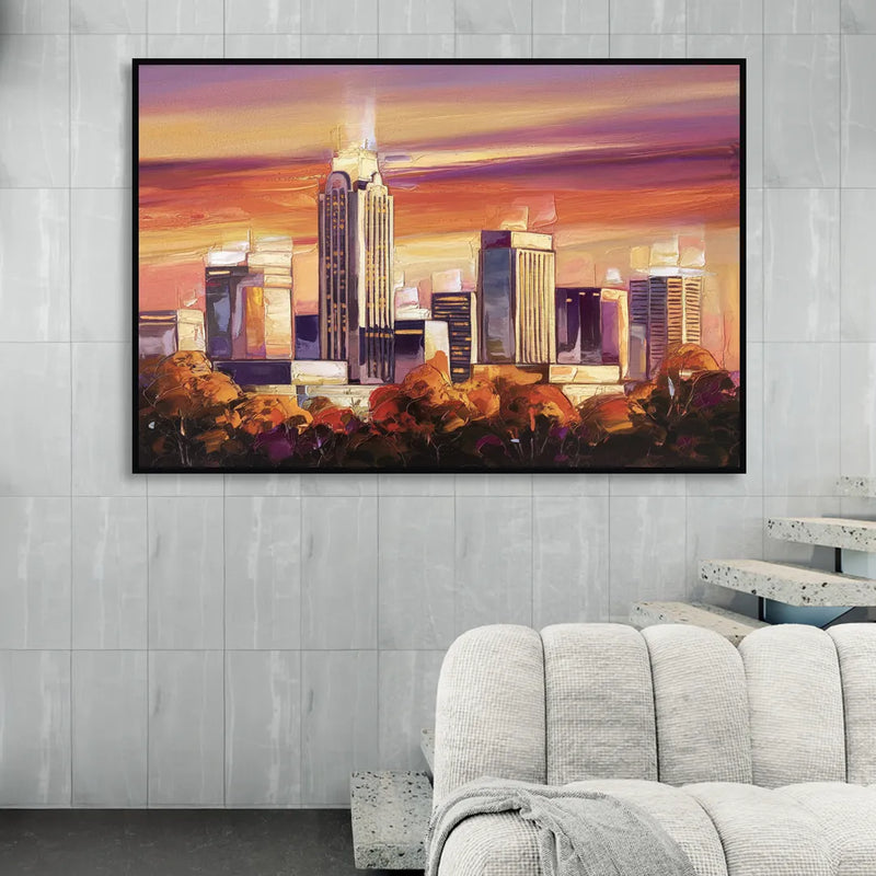 Raleigh Skyline Sunset Living Room - Black Canvas Wall Art