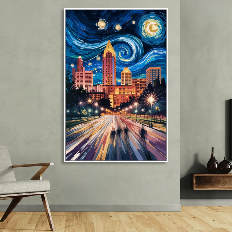 Raleigh Urban Night Lights Living Room - White Canvas Wall Art
