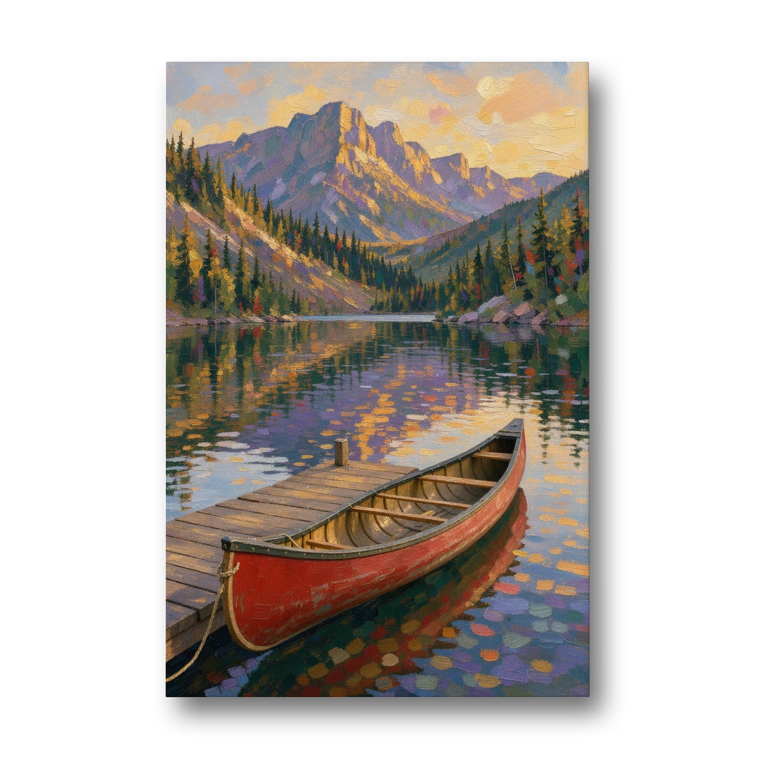 Red Canoe at the Mountain Lake Dock - Canvas Wall Art - Front