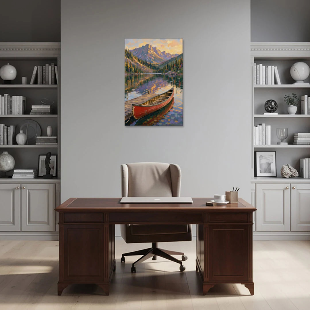 Red Canoe at the Mountain Lake Dock - Canvas Wall Art - Office - 24x36