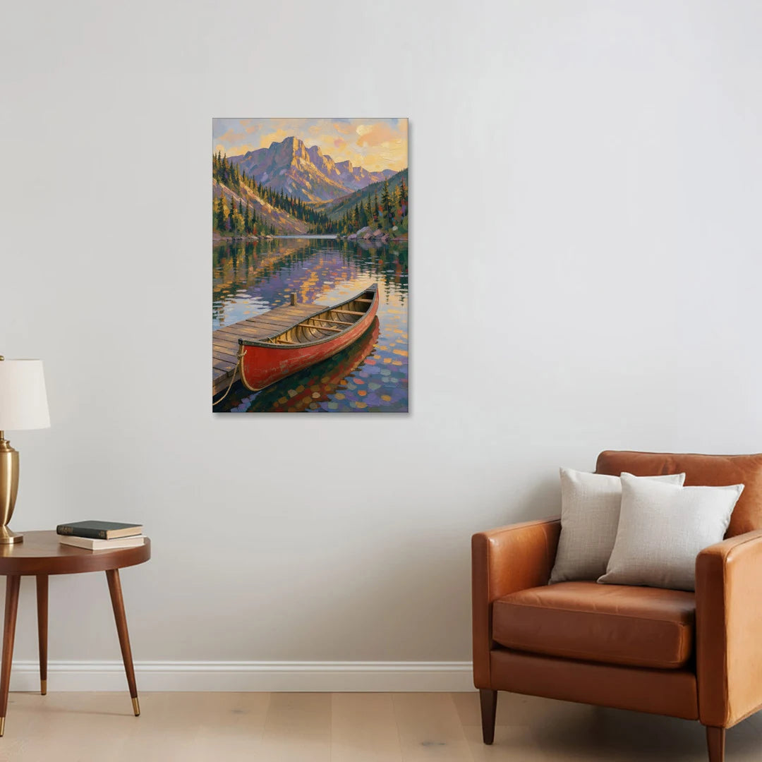 Red Canoe at the Mountain Lake Dock - Canvas Wall Art - Sofa - 24x36