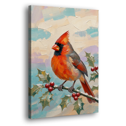 Red Cardinal Painting on Holly Sprig - Canvas Wall Art