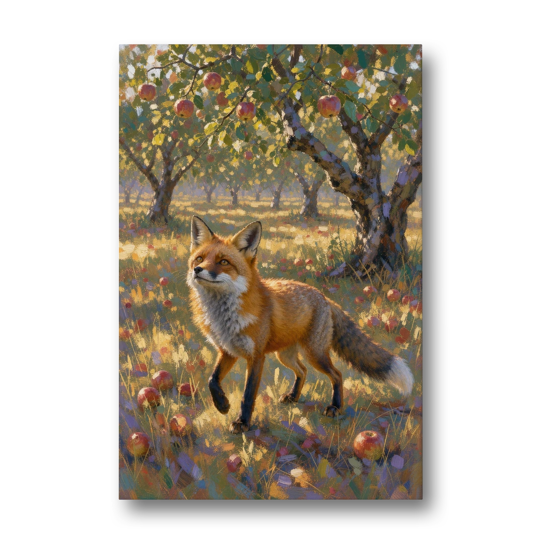 Red Fox Painting in the Apple Orchard - Canvas Wall Art - Front