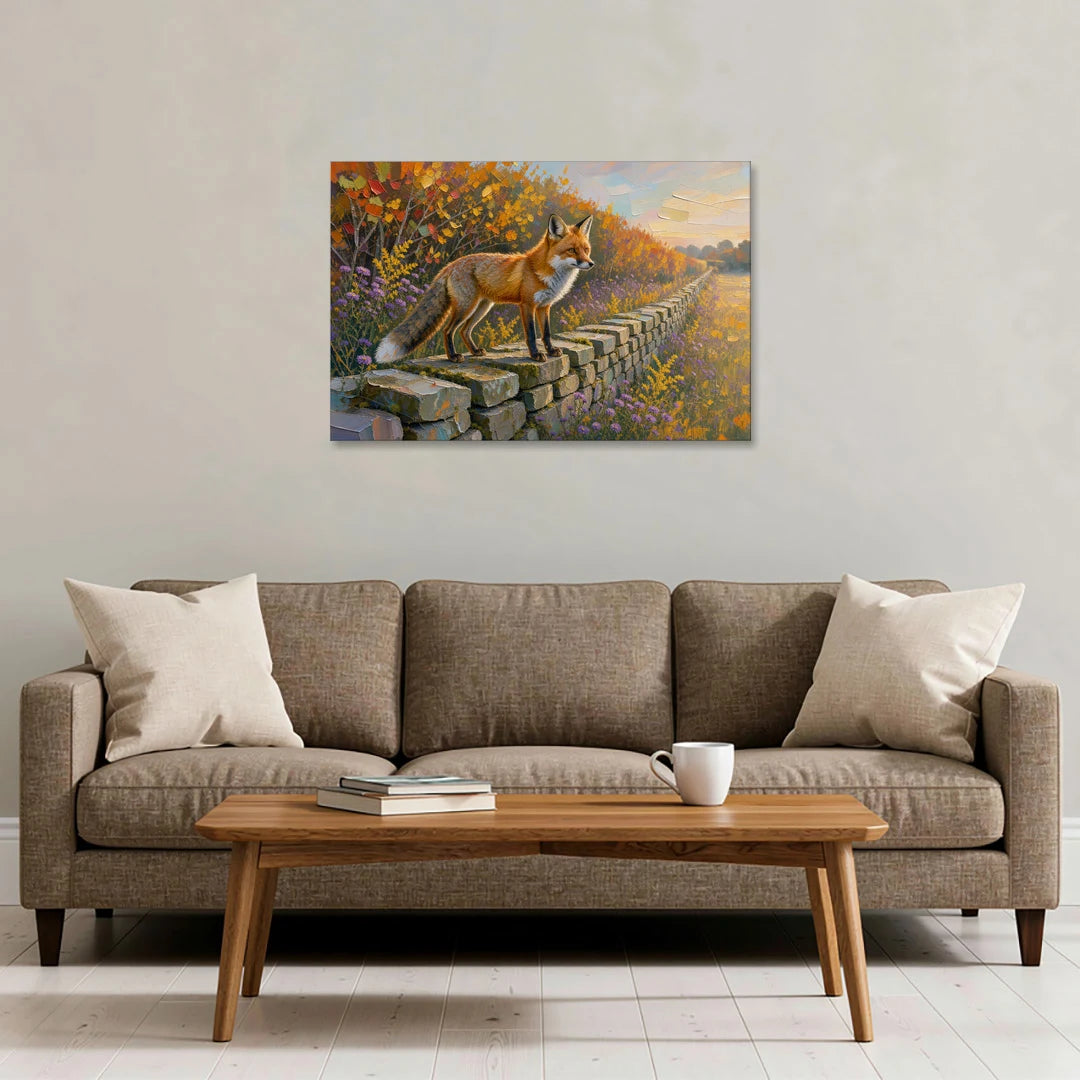 Red Fox on the Fieldstone Wall - Canvas Wall Art - Sofa - 36x24