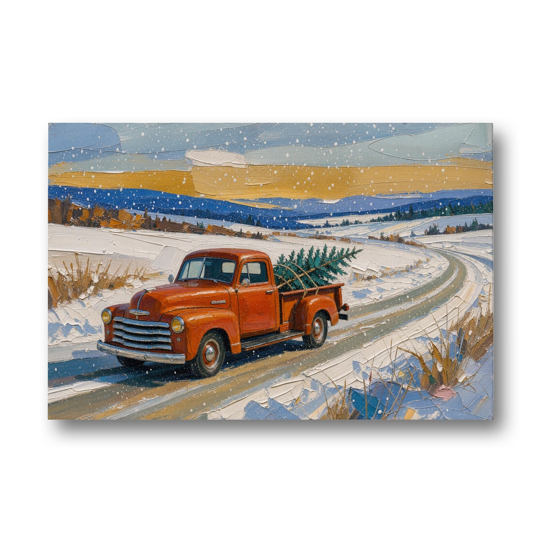 Red Truck Christmas Tree Painting on Country Road - Canvas Wall Art - Front