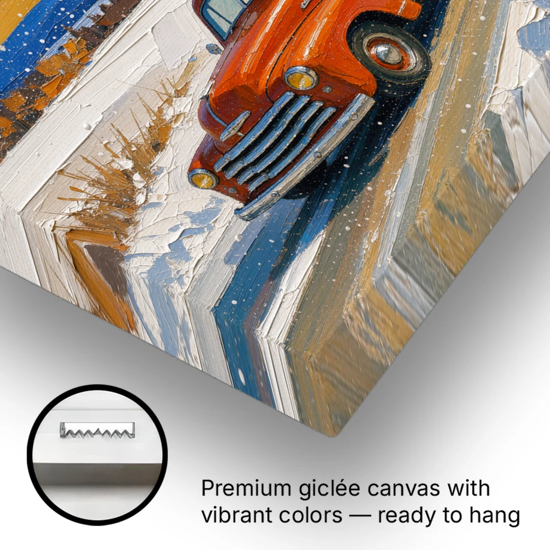 Red Truck Christmas Tree Painting on Country Road - Canvas Wall Art - Gallery Wrap Corner