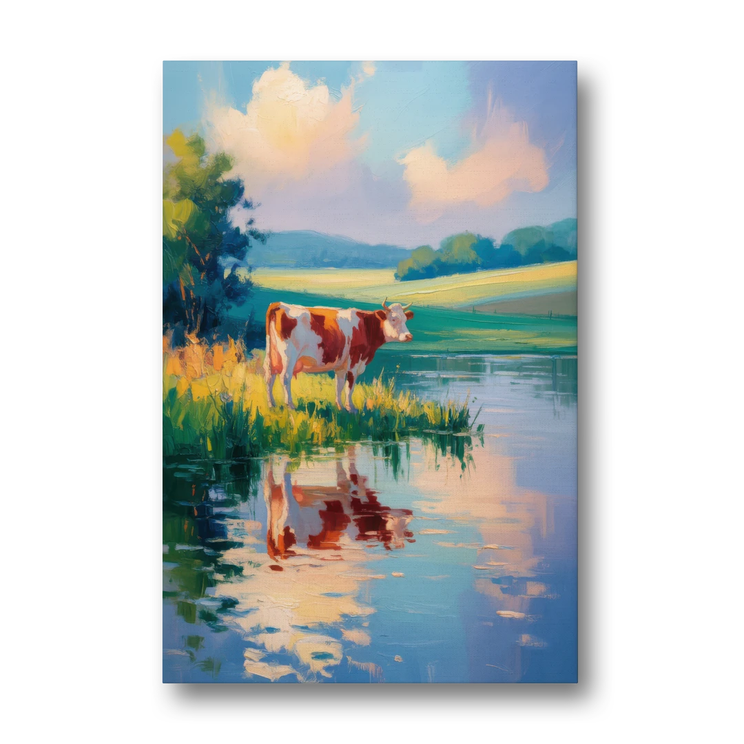 Reflective Cow by Water - Canvas Wall Art - Front