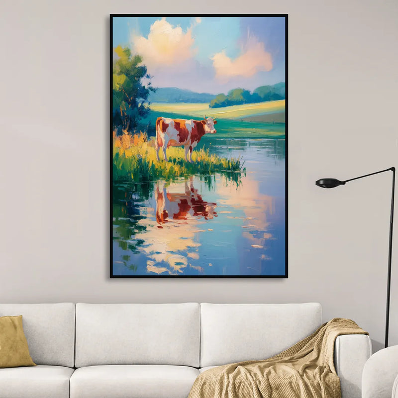 Reflective Cow by Water Sitting Room - Black Canvas Wall Art