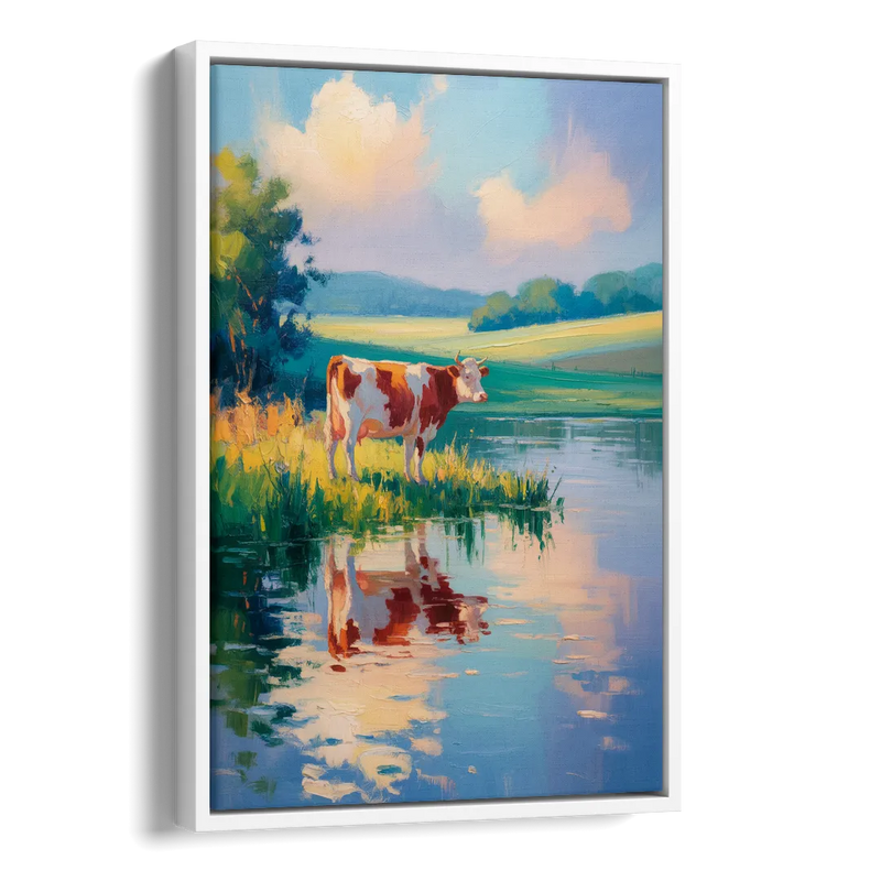 Reflective Cow by Water Side - White Canvas Wall Art