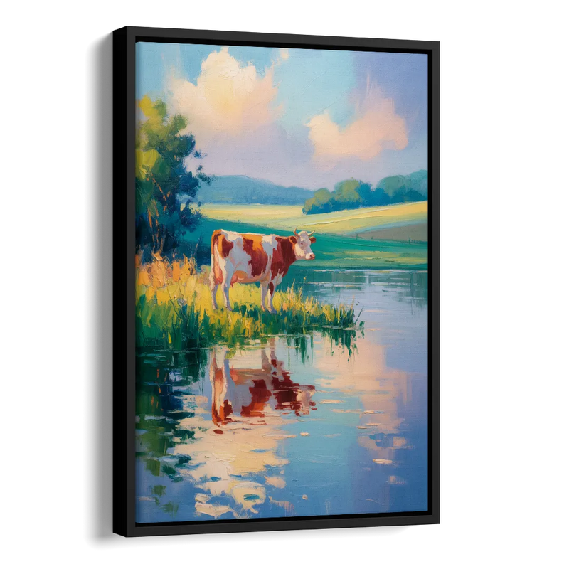 Reflective Cow by Water Side - Black Canvas Wall Art