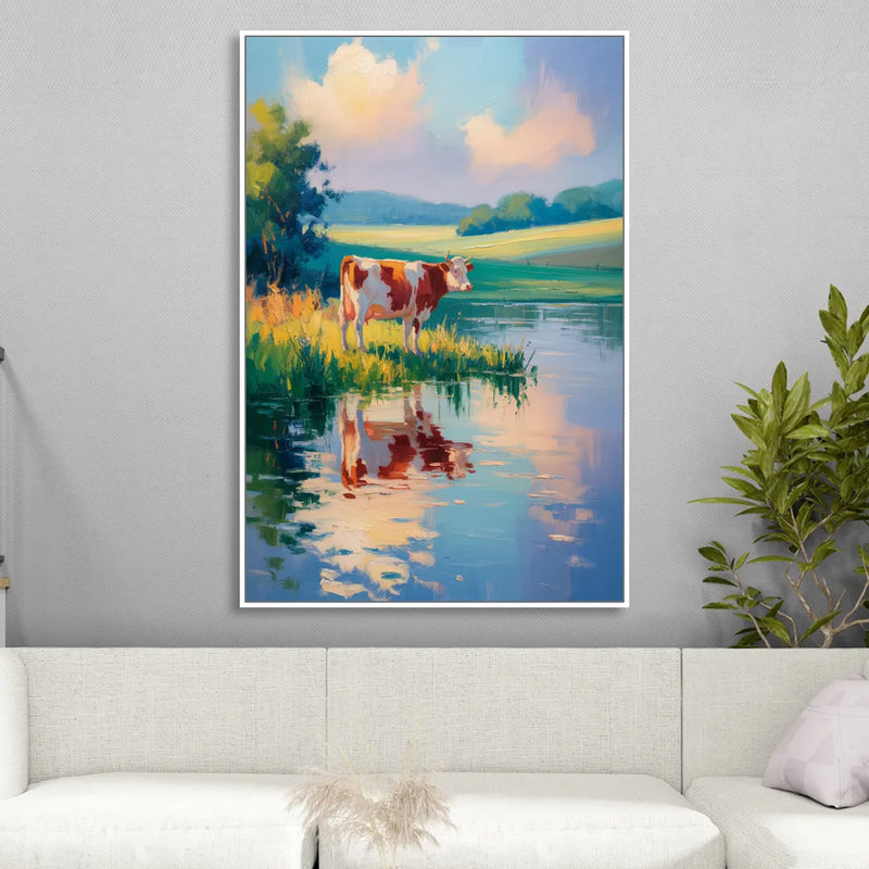 Reflective Cow by Water Living Room - White Canvas Wall Art