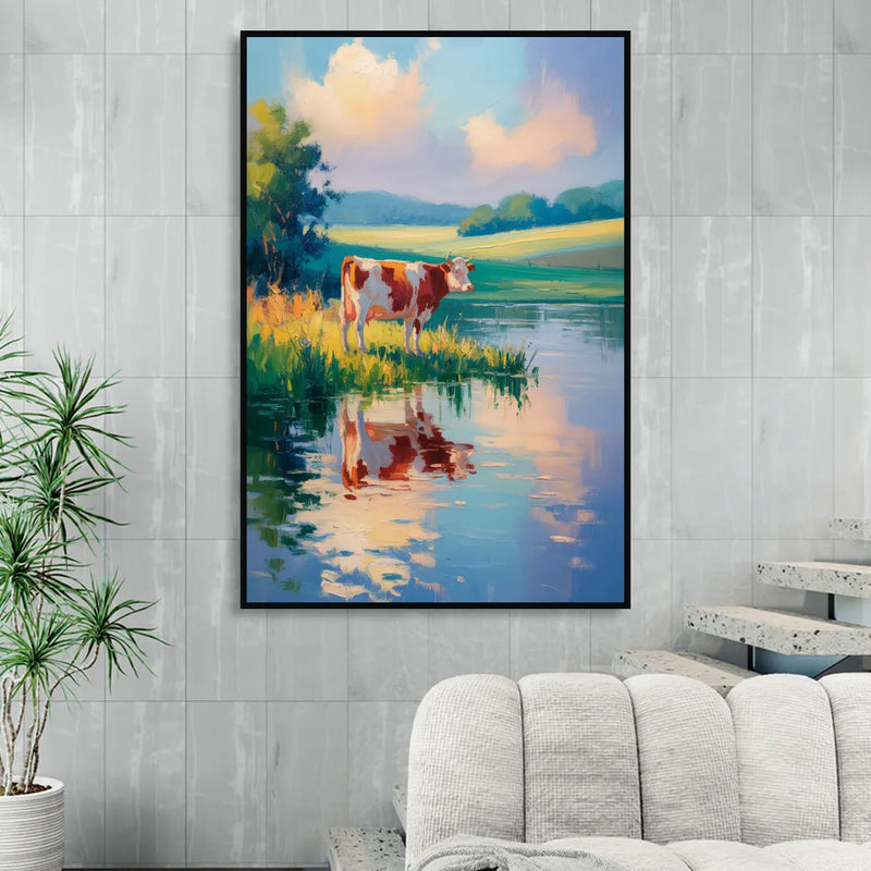 Reflective Cow by Water Living Room - Black Canvas Wall Art