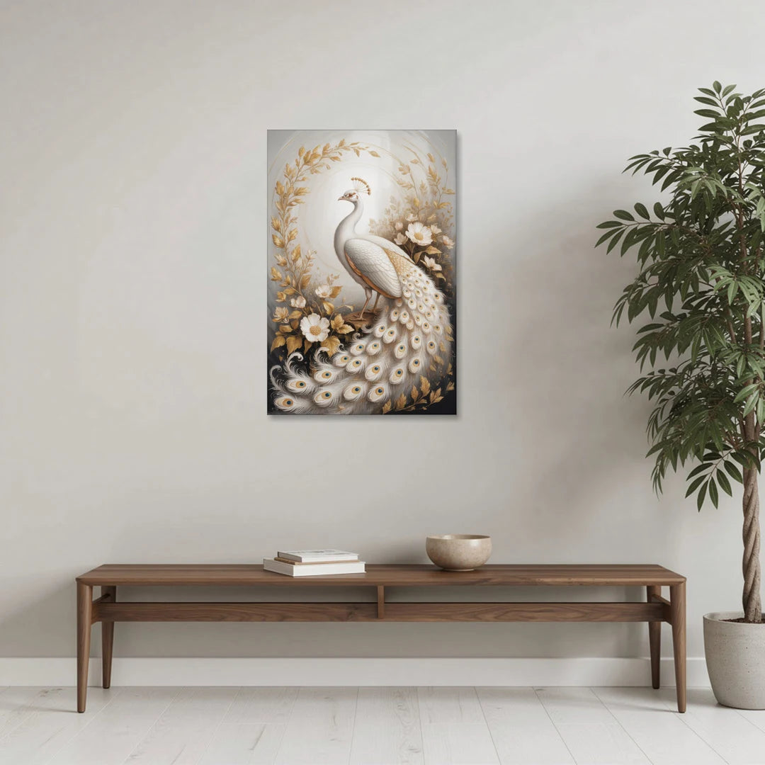 Regal Peacock Splendor White and Gold - Canvas Wall Art - Coffee Table - 24x36
