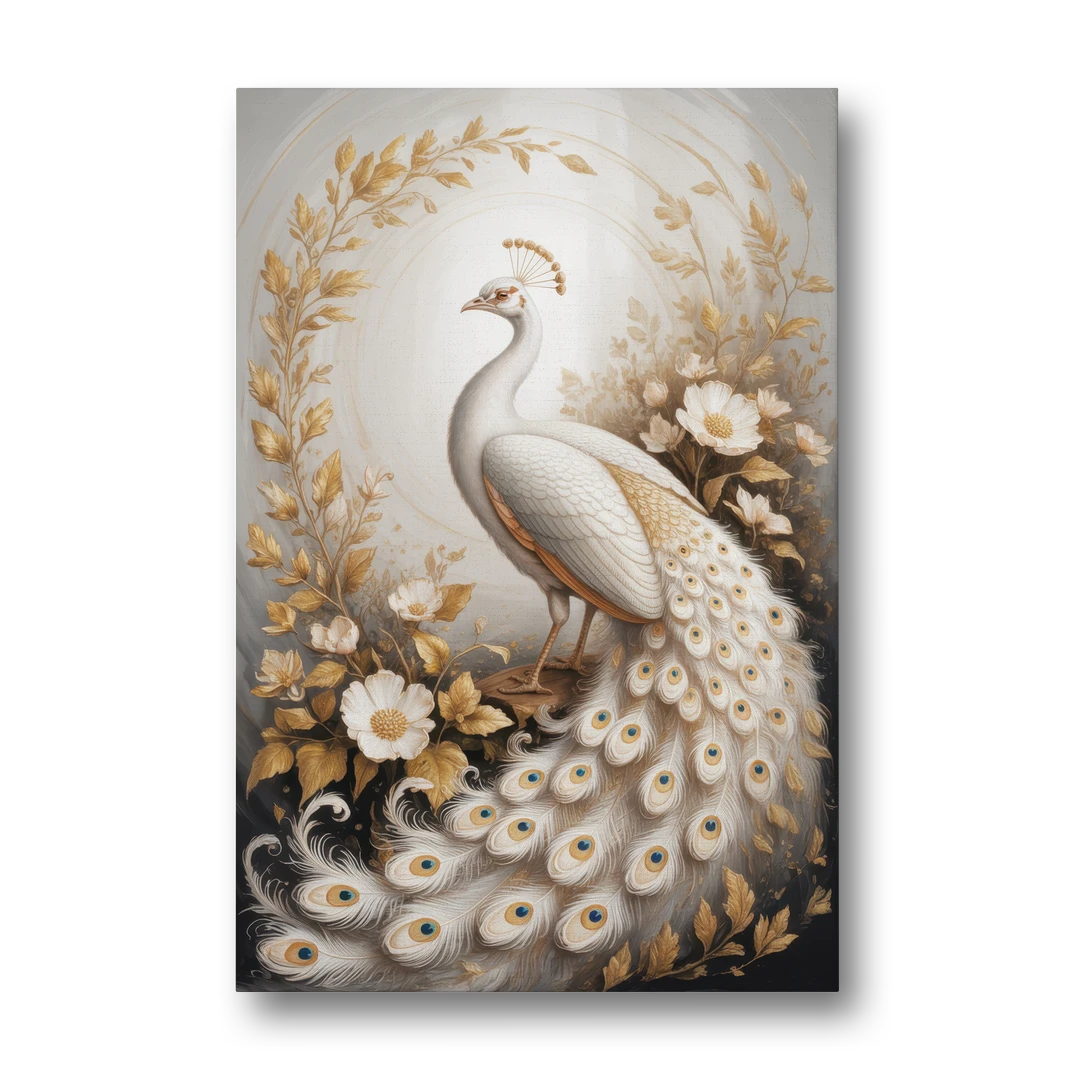 Regal Peacock Splendor White and Gold - Canvas Wall Art - Front