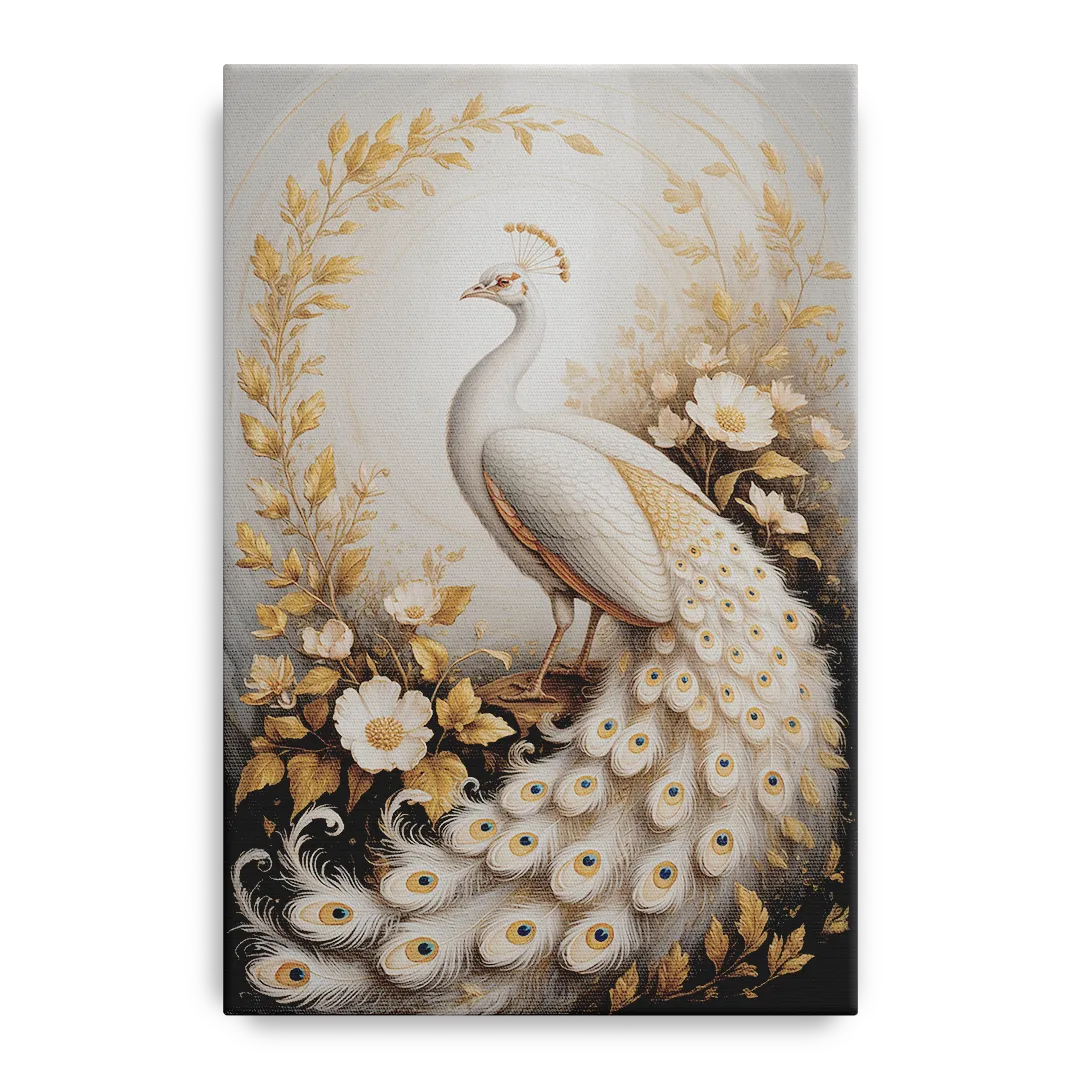 Regal Peacock Splendor White and Gold - Canvas Wall Art