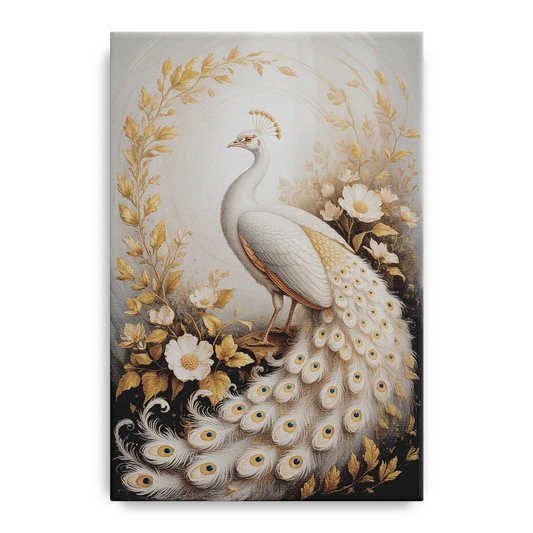 Regal Peacock Splendor White and Gold - Canvas Wall Art