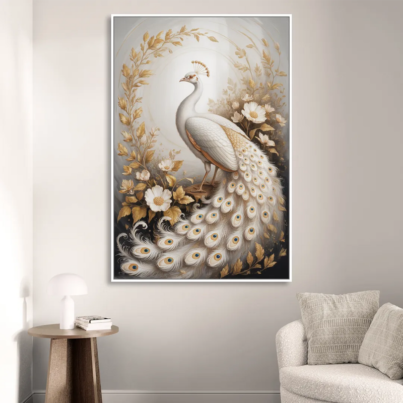Regal Peacock Splendor White and Gold Living Room - White Canvas Wall Art