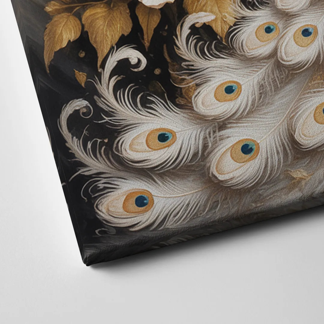 Regal Peacock Splendor White and Gold Canvas Close Up