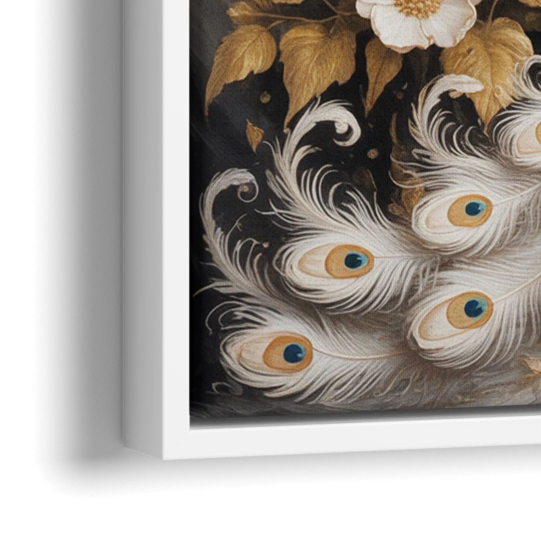 Regal Peacock Splendor White and Gold - Close-Up White Frame Canvas