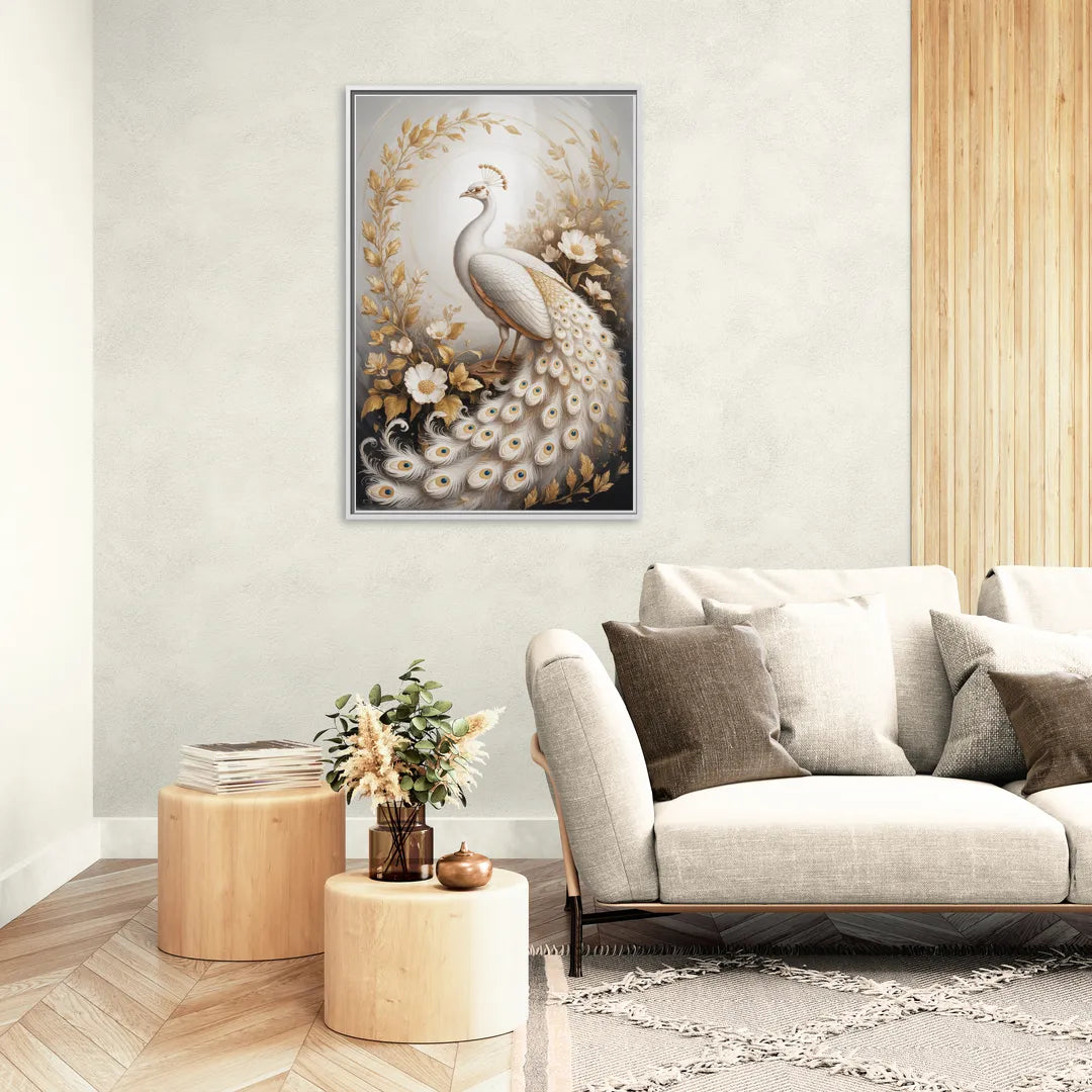 Regal Peacock Splendor White and Gold - Living Room White Frame Canvas