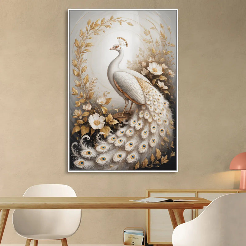 Regal Peacock Splendor White and Gold Sitting Room - White Canvas Wall Art