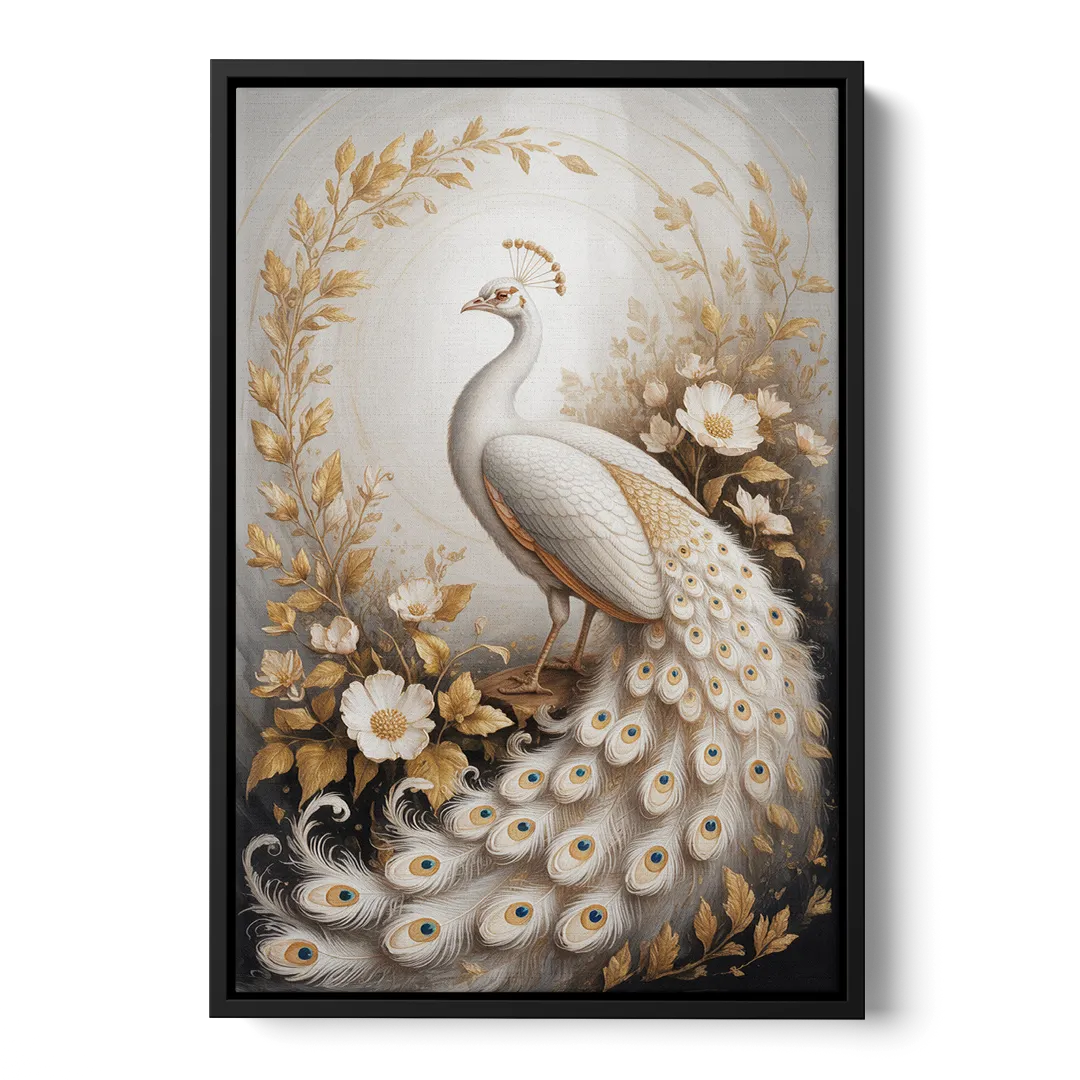 Regal Peacock Splendor White and Gold - Black Frame Canvas