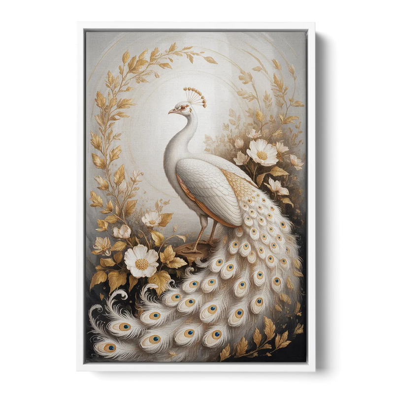 Regal Peacock Splendor White and Gold Front - White Canvas Wall Art